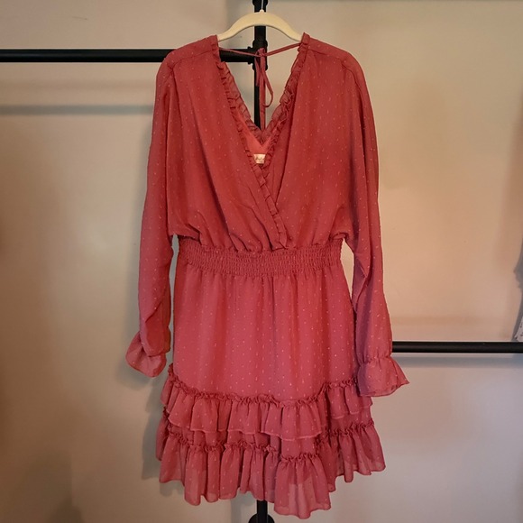 Altar'd State Dresses & Skirts - Altar'd State Mauve Pink Swiss Dot Ruffle Mini Dress Large Long Sleeve Smocked